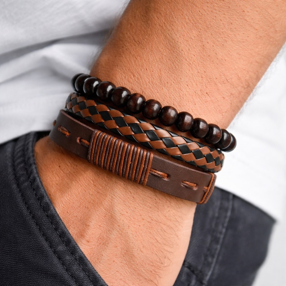 Men’s Brown & Black Leather and Wood Bead Bracelet Set (3-Piece)